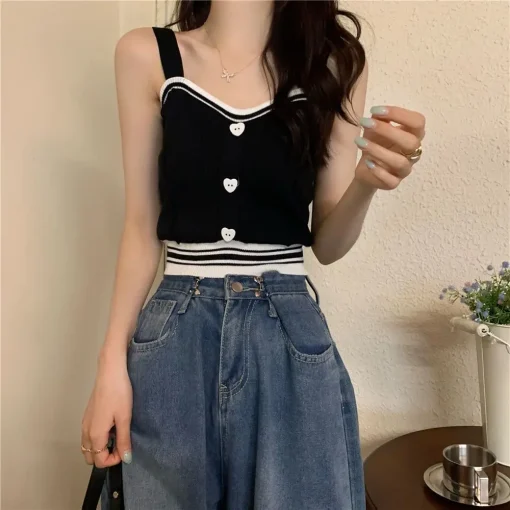 kf S80e986e4a58046818696a4d880e9ce861 Tank Tops Women Summer Fashion 2023 Y2K Cute Korean Knitted Love Button Tight Casual Vest Blue