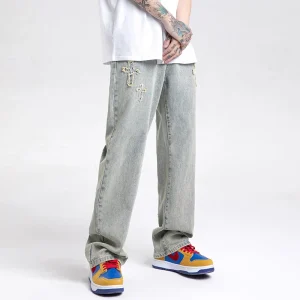 Men’s Yellow Mud Dyed Cross Jeans – High Street Wide Leg