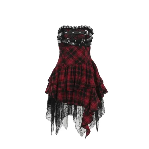 kf S8299039527ce4696a13c9638ad31337eN Women s Gothic Design Dress 2024 Sweetheart Corset Spice Strapless Dark Irregular Patchwork Hem Plaid Long