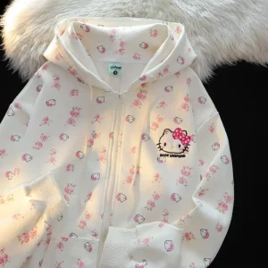 Sanrio Hello Kitty Heavyweight Cotton Cardigan Hoodie – 2024 Spring/Fall Floral Loose Sweater Jacket for Women