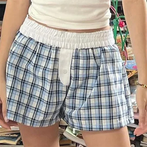 kf S8341b34123804e8fbf3a3ce3309f2ecaf Summer Korean Casual Plaid Shorts High Elastic Waist Short Pants Button Y2K Vinatge Pajamas Bottoms Kawaii