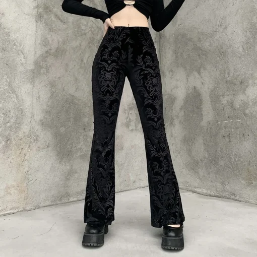 kf S8366a9ccdd7341c39f0cc134025243f1B Vintage Floral Scratched Gothic Pants Velvet High Waist Skinny Flare Trousers For Women Autumn Winter Streetwear