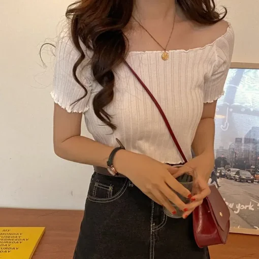 kf S8377a8a500334b9a90b97ad193d9986ed Off The Shoulder Top Women Knitted Sexy Short Sleeve Slim Fit T Shirts Crop Top Y2k