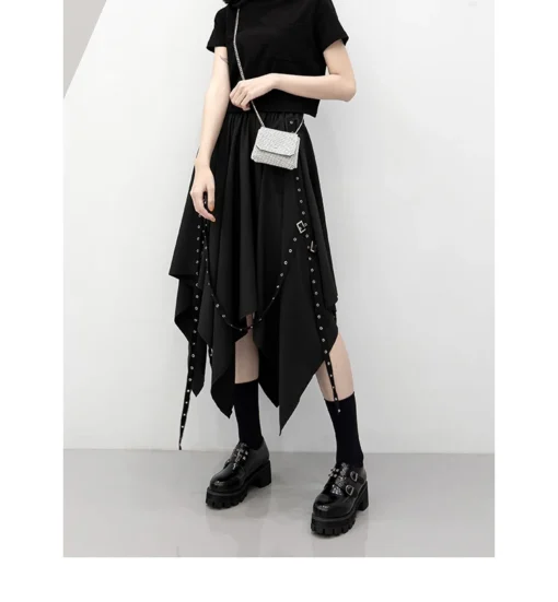 kf S837a173788d94d8ea2451270dadb1860G Long Skirt Irregular Skirt Girl s New Dark Tie Street Punk Wind Weave Buckle Medium length