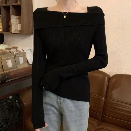 Off-Shoulder Knitted Sweater for Women | Slim Fit Slash Neck Long Sleeve Jumper | Office & Casual Fashion - Image 6