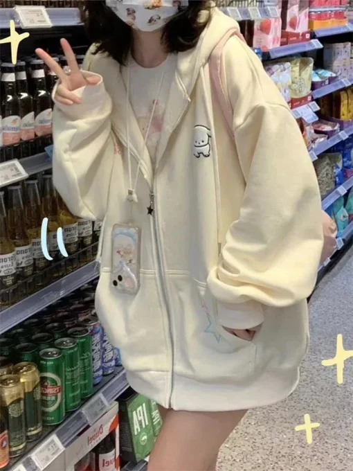 kf S83ce2376c09c49439505096c9a226274O QWEEK Harajuku Kawaii Pink Zip Up Hoodie Women Japanese Y2K Sweet Cute Beige Fleece Sweatshirts Korean