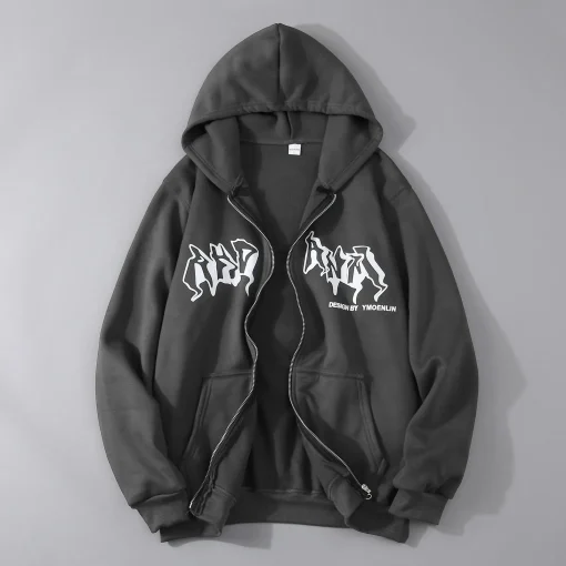 Y2K Letter Print Zip-Up Hoodie: Hip Hop Streetwear - Image 3