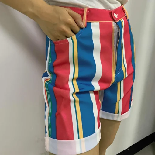 kf S84e4d9d6845a425e82ae76425b26a9afY Fashion Streetwear Women Shorts Colorful Striped Casual Short Pants Fpr Female Loose Summer Pocket High Waist