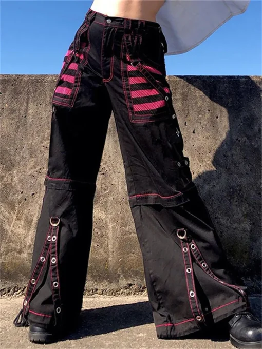 kf S856b7a900bea4895bd62241ce23bd6c5b Fashion Women Harajuku Goth Pants Wide Leg Low Waist Baggy Cargo Pants Grunge Chain Trousers Y2K