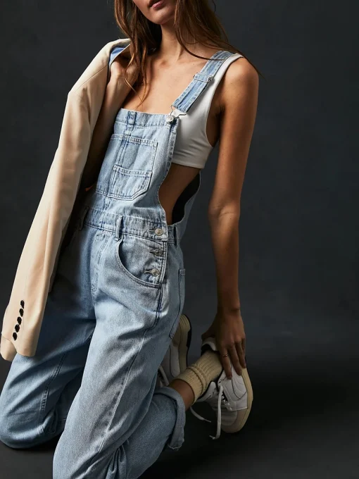 Women’s Vintage Denim Jumpsuit – Casual Spaghetti Strap Wide-Leg Romper with Pockets - Image 5