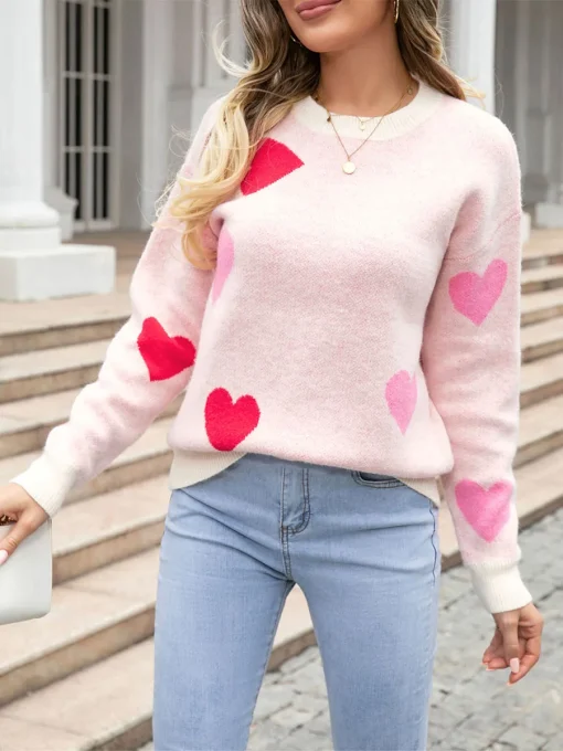 kf S880722bbbefd4ed8967710cc401b5d01k Warm Women s Heart Print Sweaters Long Sleeve Round Neck Loose Pullovers Sweaters Valentine s Day