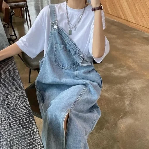 Women's Spring Summer Denim Overall Dress - Sleeveless Casual Loose Spaghetti Strap Maxi Dress with Pockets - Image 4