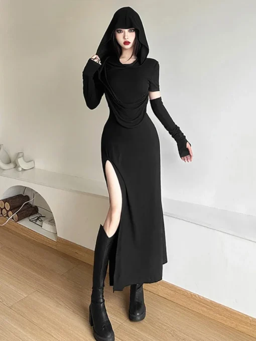 kf S89ef4ef88d4a407bb1905976055966497 Hooded Dress Black Khaki Long Dress Split Off Shoulder Sleeveless Outer Sleeve Gothic Summer Slim Women