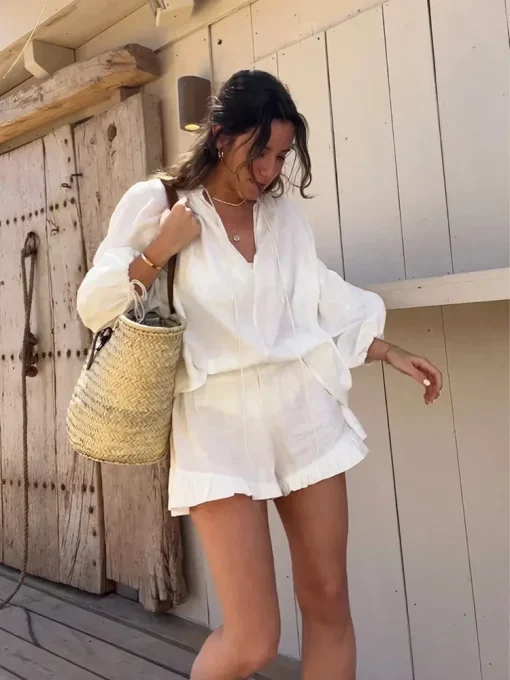 kf S8a487421f4b343ce8b3e6736ff14e046P Cotton Linen Women Shorts Suit V neck Long Sleeve Loose Shirt High Waist Wide Leg Short