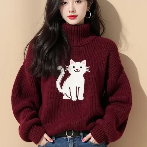 2025 New Winter Red Turtleneck Sweater | Lazy Style Korean Fashion | Vintage Elegant & Comfortable Pullover for Women - Image 3