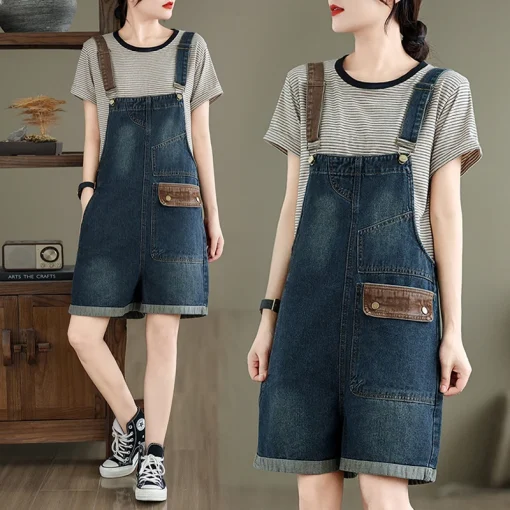 kf S8af01953809847dd971813790ac3caaa2 Aricaca High Waist Casual Spliced Denim Jumpsuit Women Fashion Casual Jean Overalls short Rompers