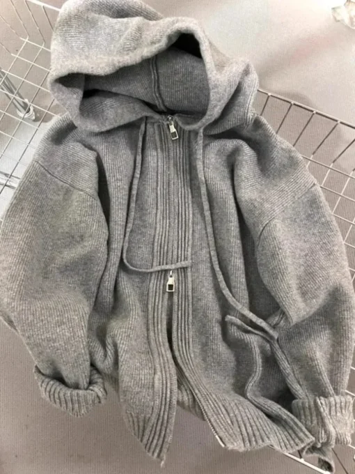 Gray Hooded Sweater Coat | Autumn Winter Double Zipper Long Sleeve Loose Fashion Knitted Coat | Women's Soft Thickened Tops