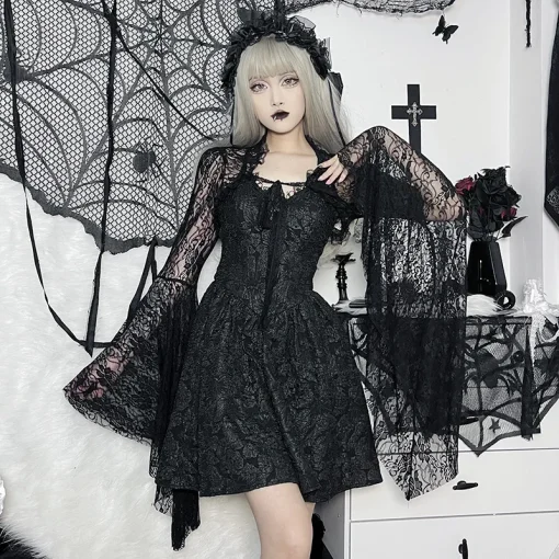 kf S8b0343d903bd4a7f81c9f5fe5c905d5fb Vintage Gothic Black Lace T shirt Women Streetwear Flare Sleeve See Through Sexy Smock Top Elegant