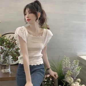 Summer 2024 Kawaii Women’s Knit Vintage Butterfly Sleeve T-shirt Female Square Collar Cute Short Sleeve Tee Casual Crochet Tops