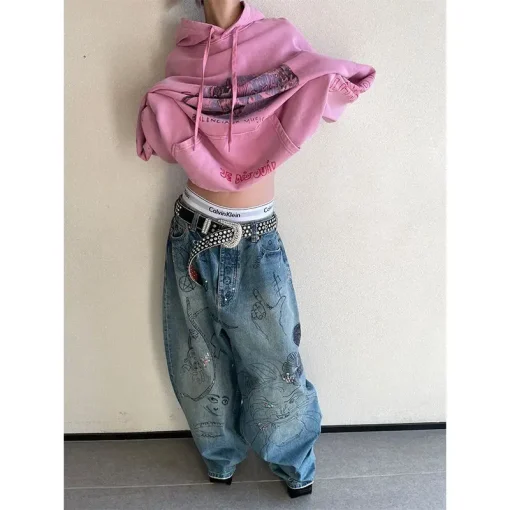 kf S8c764225212443dead6fd6f1929225e04 Fashion Hip Hop Harajuku New Harem Pants Men Loose Wide Legs Hand Painted Graffiti Blue Jeans