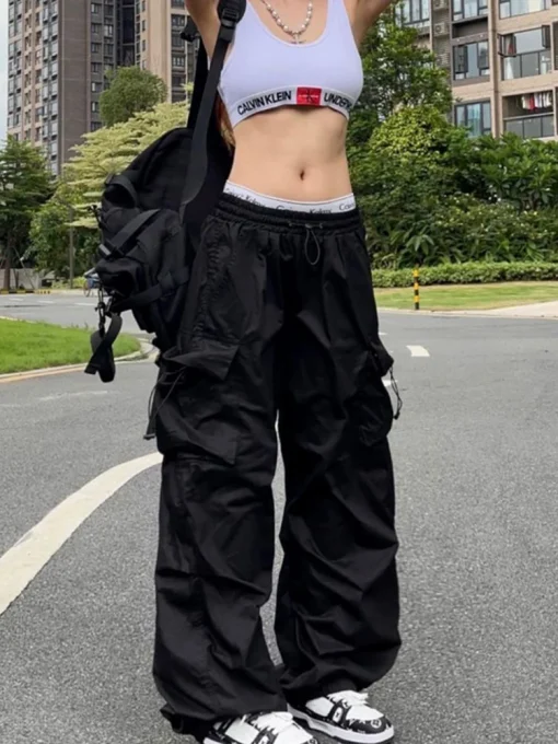 kf S8cd974fc7c7544c68c60fac53a1967252 Y2K Parachute Black Pants Women Hippie Streetwear Oversize Pockets Cargo Trousers Harajuku Wide Leg Baggy Sweatpants