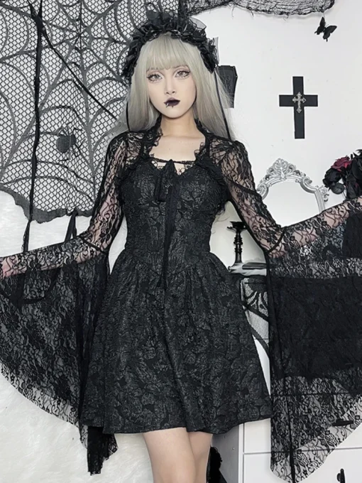 kf S8d257d0476e447348b4dfb049075d4df3 Vintage Gothic Black Lace T shirt Women Streetwear Flare Sleeve See Through Sexy Smock Top Elegant