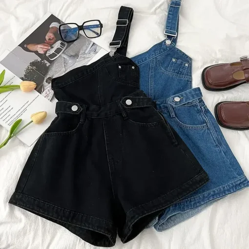 kf S8d26bfdd74d94fea90a28ee677c6671dJ Casual Jumpsuits Sexy Short Rompers Women Summer Vintage One shoulder Denim Jumpsuit Streetwear A71