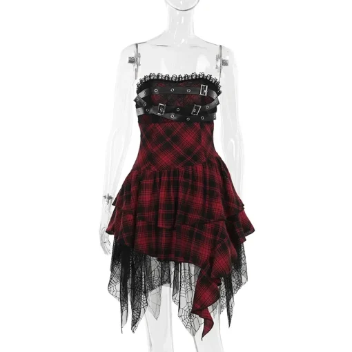 kf S8d544000e96e4098b9dd5ec74fb68a12L Women s Gothic Design Dress 2024 Sweetheart Corset Spice Strapless Dark Irregular Patchwork Hem Plaid Long