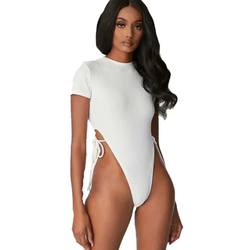 kf S8dcf8f7a74f644608bea9c90d71e3934K Sexy High leg Thong Bodycon Bodysuit Women s Summer Rib Knit White Tops Vintage Lace up