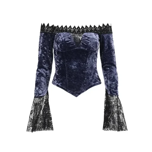 kf S8dfef98dea2040fc80cd979a0a04a8e9Z Lace Patchwork Autumn Winter Velvet Crop Tops Mall Gothic Slim Pullovers Blouse Women Elegant Slash Neck