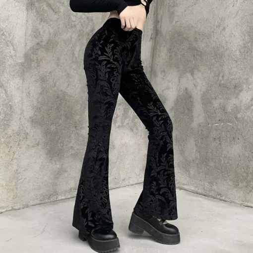 kf S8e024fd13bee4747bcd48f65205d0e87x Vintage Floral Scratched Gothic Pants Velvet High Waist Skinny Flare Trousers For Women Autumn Winter Streetwear