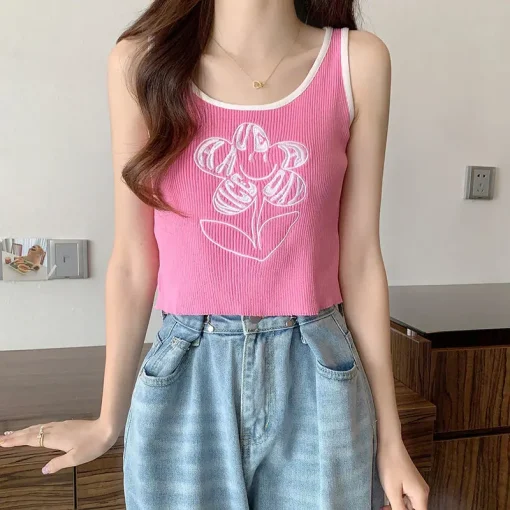 kf S8e1559d2522a44aab53d4bebf3d0d134Y Summer Clothes 2024 Women s Sleeveless Vest Embroidery Floral Tank Tops Korean Casual Cute Crop Top