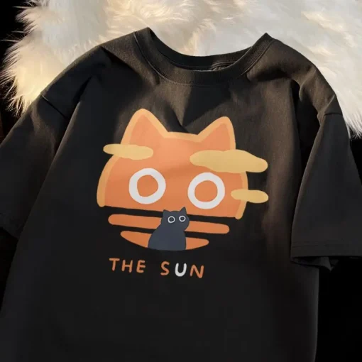 Summer Cartoon Cat T-Shirt - 100% Cotton Short Sleeve Top - Image 2