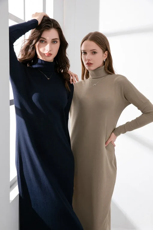 AS 2024 Winter Turtleneck Thicken Ribbing Dress – Soft & Comfortable Basic Turn-Down Collar Maxi Dress - Image 5