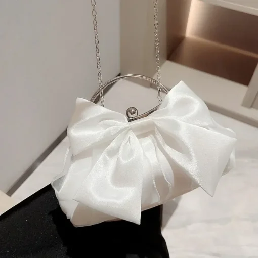 kf S8f242c9dec4347a78ad0a7b606c6e345u White Satin Bow Fairy Evening Bags Clutch Metal Handle Handbags for Women Wedding Party Bridal Clutches