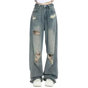 Women’s Retro Y2K Wide Leg High-Waist Straight Jeans – Loose Slimming Street Style Denim Pants