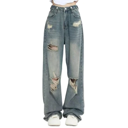 Women's Retro Y2K Wide Leg High-Waist Straight Jeans - Loose Slimming Street Style Denim Pants