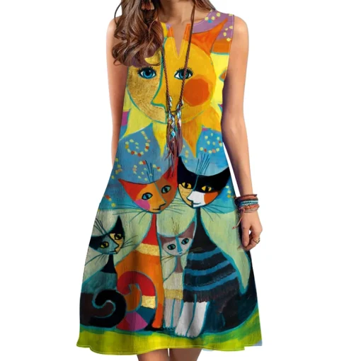 2024 Bohemian V-Neck Sleeveless Printed Dress with Flowy Hem