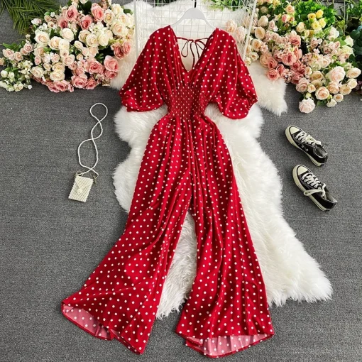 kf S9010b2b038204e45a35399a08b5dd685F V Neck Sexy Dolman Sleeves Waist Slim Polka Dot Print Jumpsuit Women Wide Leg Trousers Jumpsuit