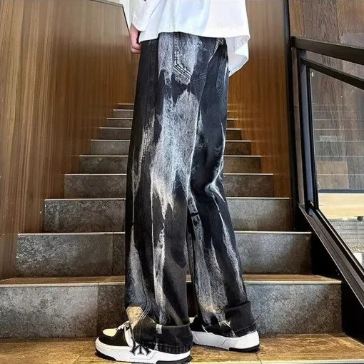 2025 American Goth Black Tie-Dye Jeans for Men | Y2K Vintage Wide-Leg Denim Pants | Hip-Hop Gradient Baggy Jean - Image 3