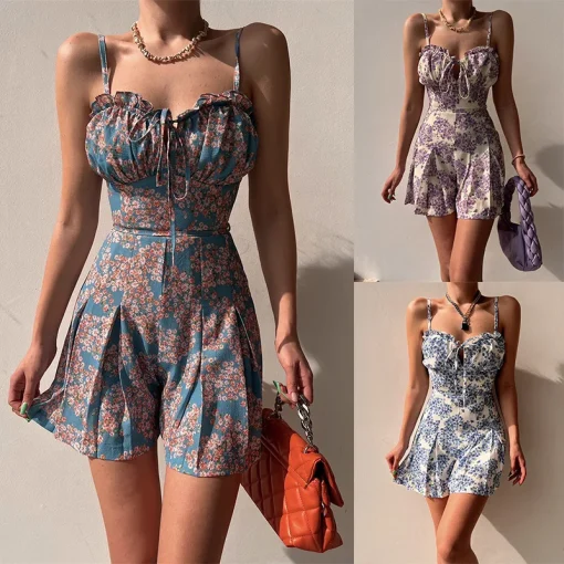 kf S91a48e101eb343cb8e09c501391f6b4b8 Casual Summer Jumpsuits Sexy Women Rompers Beach Bohemian Fashion Flower Print Sexy Bow V Neck Sleeveless