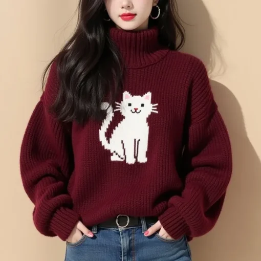 2025 New Winter Red Turtleneck Sweater | Lazy Style Korean Fashion | Vintage Elegant & Comfortable Pullover for Women