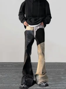 Men’s Y2K Vintage Flare Jeans – Waxed Patchwork Baggy 90s Punk Denim