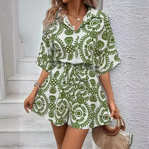 Women's Print Shirt Jumpsuit Summer Fashion Button Batwing Sleeve Boho Rompers Women Casual Loose Lace Up Playsuit Ladies