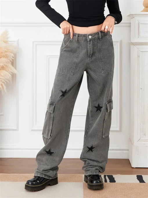 Women Denim Straight Pants Y2K Aesthetic Hip Hop Punk - Image 2