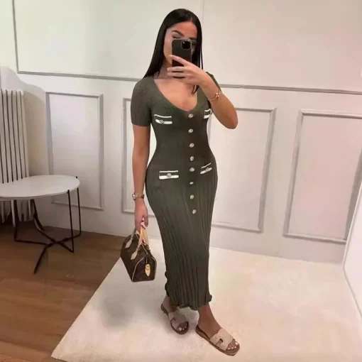 Office Lady Elegant Knitted Long Dress - V-Neck Short Sleeve Single Breasted Bodycon Summer Dress for Women