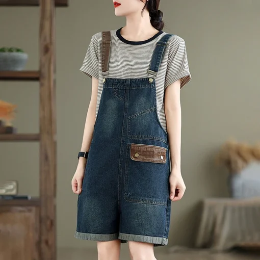 kf S97997614235d433395c0614db7333c53F Aricaca High Waist Casual Spliced Denim Jumpsuit Women Fashion Casual Jean Overalls short Rompers