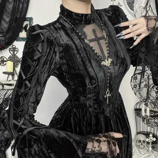 kf S97be9c5ff54943f494eeeaa76a9aed76j Mall Goth Fairycore Gothic Dress Women Aesthetic Lace Patchwork Flare Sleeve High Waist Dress Halloween Dark