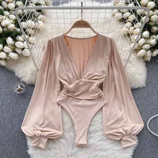 kf S982106c087b0444991d114bf0779b067M Elegant Deep V Neck Women s Bodysuits Solid Color Spring Summer Long Lantern Sleeve High Waist