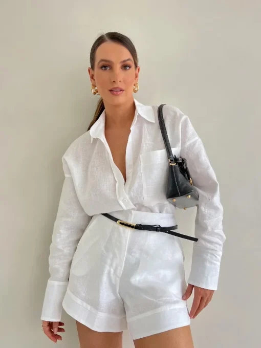 Women’s White Cotton Linen 2-Piece Suit | High-Waist Shorts & Single Breasted Shirt Set | Chic Spring/Summer Outfit 2025